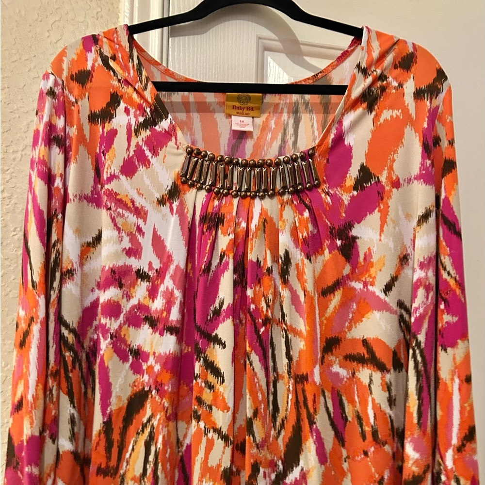 Ruby Rd. Pink Orange Abstract Beaded-Neck Tunic Top